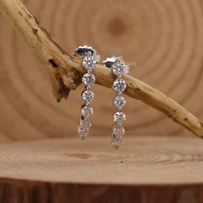 Elegant Drop Earrings With Round Lab Grown Diamond 14K White Gold- Dangle Design - Image 1 of 4