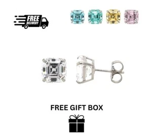 14K White Gold Asscher Cut Stud Earrings Push Back - Picture 1 of 1