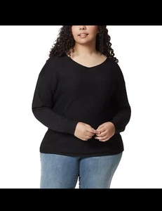 Ella Moss Damen Pullover Gr. L gerippt mit Ziernähten V-Ausschnitt schwarz - Bild 1 von 3
