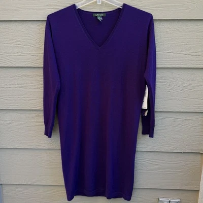 Ralph Lauren Women Medium Purple Sweater Dress 100% Merino Wool V Neck FA12 NEW - Image 1 of 4