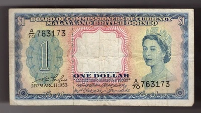 1953 Malaya & British Borneo $1 One Dollar Banknote Pic# 1a - Image 1 of 2