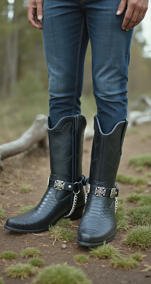 Uomo Stivale Metallo Argento Catena Croce Pendente Paio Cinghie Moto Moda - Immagine 1 di 4