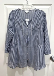 J JILL Blue White Striped Top XL Tassel Tie Cotton Button Up Peasant Boho NWT - Picture 1 of 8
