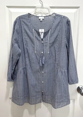 J JILL Blue White Striped Top XL Tassel Tie Cotton Button Up Peasant Boho NWT - Image 1 of 4