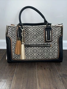 doTERRA Womens Faux Leather Handbag Double Shoulder Handles Black Cream Tan - Picture 1 of 7