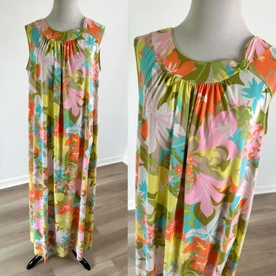 Maxi Camisón Floral Psicodélico Vintage Años 60 70 Lorena Nylon M Foto 1 de 4