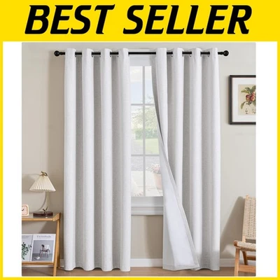 Heathered White Linen Curtains - Full Light Blocking - 84" - Image 1 of 4