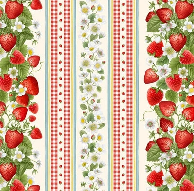 Timeless Treasures Berry Sweet Red Strawberry Border Stripe Fabric by the Yard - Image 1 of 4