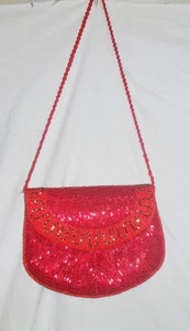 Small Evening Bag Red Bugle Beads Shoulder Snap Closing Beaded Design Flap Purse - Picture 1 of 4