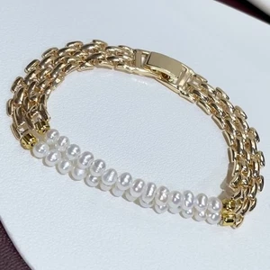 Natural 2 Rows Fine 4-5mm White Freshwater Pearl Link Gold Chain Bangle Bracelet - Picture 1 of 7