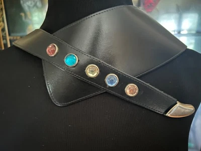 Wide black leather Hip Belt Embossed W Colorful Cabochon Stones Bezel Set M/L - Image 1 of 4