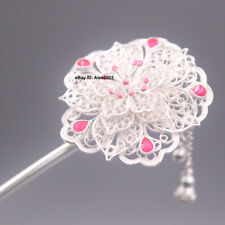 Solid 999 Fine Silver Hair Pin With Big Flower Ethnic Hairpin 5.98inch L