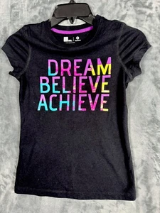 Girls T-Shirt Black Dream Believe Achieve Top Size L (10-12) Purple Blue Black - Picture 1 of 9