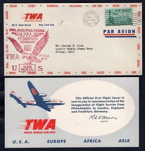 USA 1950 First Flight Cover Philadelphia Frankfurt Germany. TWA Airlines Insert - Picture 1 of 2