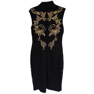 Mini Vestido Cache Negro Dorado Estampado Barroco Cuello Alto Sin Mangas Bodycon Talla 10 - Imagen 1 de 13