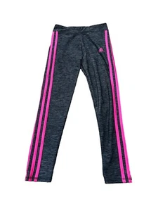 Adidas Girls Mid Rise Skinny Athletic Leggings Gray Pink Stripe Size M 7/8 - Picture 1 of 6