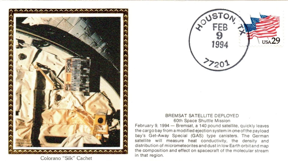 Space cover DISCOVERY STS-60 2/9/1994 Bremsat launched Houston Colorano Silk - Image 1 of 1