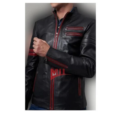 Handmade Men's Black Genuine Cowhide Pure Leather Jacket With Red Lining - Image 1 of 4