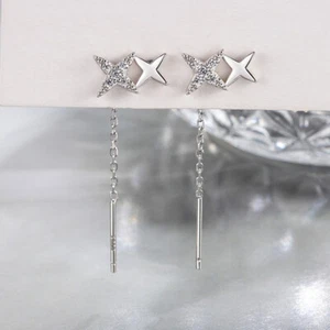 925 Sterling Silver Crystal Star Linked Wire Threader Earrings Women Girls Gift - Picture 1 of 7