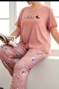 Plus Size 22 3x 4x JUST BELIEVE Pink Sleep SET Pj's Top & Satin Pant Peach Soft - Picture 1 of 5