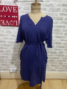 TISSU BLANC robe tunique mélange lin bleu S/M poitrine 40 taille 34 longueur 37" D899
