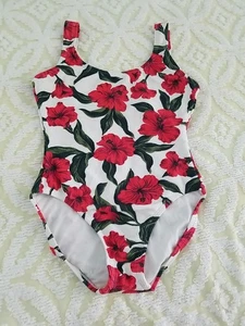 Vintage 90s Hibiscus Floral Ribbed High Leg One Piece Swimsuit Size Large - Picture 1 of 6