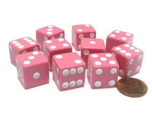 Set of 10 Six Sided Square Opaque 16mm D6 Dice - Pink with White Pip Die - Picture 1 of 1