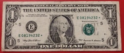 $1 One Dollar Star Note Serial Number E08194232* Series 1999 - Image 1 of 2