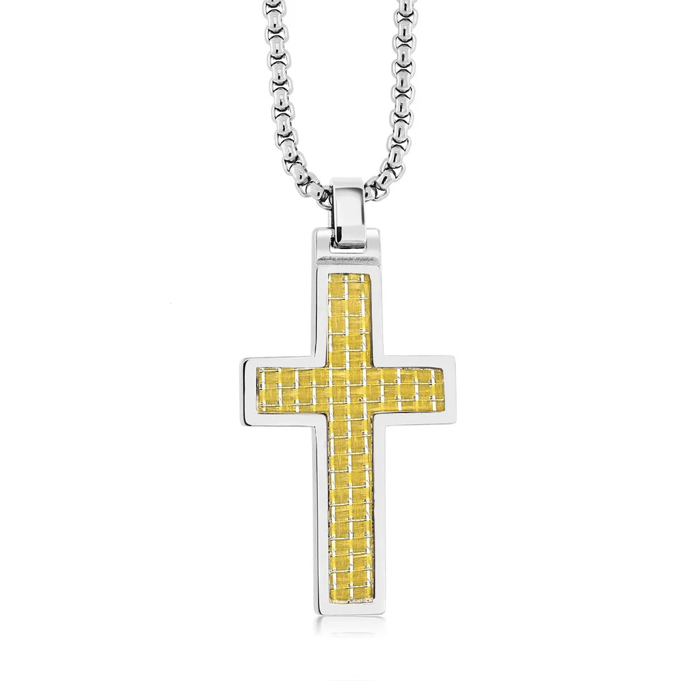 Cross Pendant Yellow Carbon Fiber Inlay Tungsten Carbide Religious Cross *NEW* - Image 1 of 1