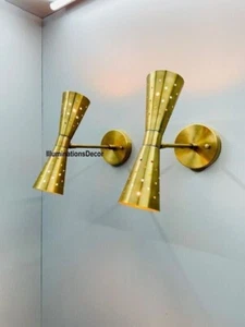 Pair Atomic 50's 60's Style mid-Century Modern Bow tie Dual Cone Wall Sconce - Picture 1 of 8