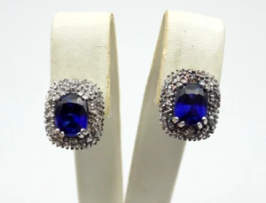 Sterling Silver FAS Blue Sapphire Clear Topaz Pierced Earrings Stud Cluster - Picture 1 of 8