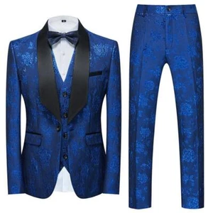 Men's Wedding Evening Florals 3pcs Suits Coat Pants Vest One Button Party Formal - Picture 1 of 28