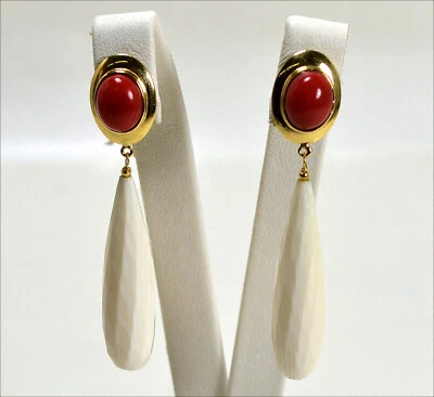 Pendientes Oro Amarillo 18KT Coral Rojo 8x10 MM Pendante Hueso Oght 0384 - Imagen 1 de 3