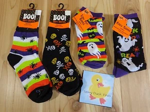 Halloween Socks Family Assortment 4 Pair Sizes 4-6 to 9-11 Ghosts Spiders Skulls - Picture 1 of 5