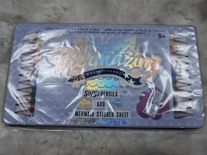 50/50 12 24 COLOURING PENCILS & STICKERS TIN npw UNICORN MERMAID MERMAZING Gift - Picture 1 of 1