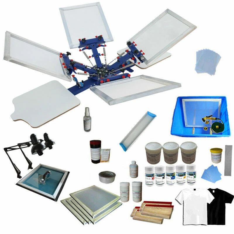 4 Color Screen Printing 2 Station Press Kit With Exposure Unit Ink Squeegee Tool