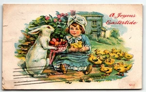 Postcard Easter Rabbit Giving Basket of Eggs to Little Girl PM 1911 - Picture 1 of 2