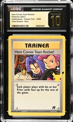 CGC 10 PRISTINE Here Comes Team Rocket 15/82 HEAVY HOLO BLEED Pokemon Celebratio - Image 1 of 2