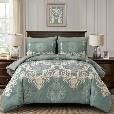 7Pc Sage Green Comforter Set King Size Damask Bed in a Bag Microfiber Bedding - Image 1 of 4