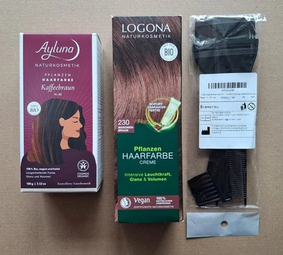 2 Pflanzenhaarfarben braun (Ayluna, Logona) + 3 Auftragepinsel, alles OVP u. neu - Bild 1 von 4