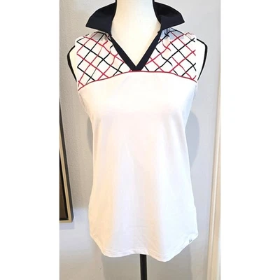 Lily Hagen 衬衫女式小号白色海军蓝无袖领 V 领高尔夫 Argyle — 第 1/4 张图片