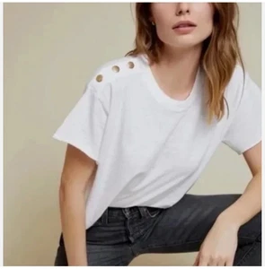 Nation LTD Damen Weiß Baumwolle Terrin Top Cropped Beachy Basic Gold Druckknopf Gr. M - Bild 1 von 7