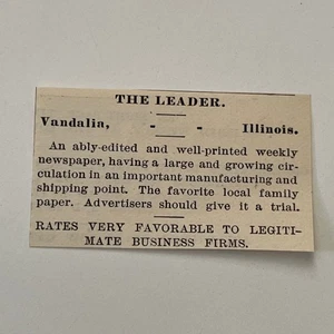 The Leader Weekly Newspaper Vandalia IL 1890 Newspaper Ad SAI7-S17 - Picture 1 of 2