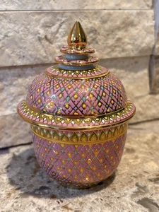 "Cuenco de porcelana vintage tailandés Benjarong con tapa pintado a mano esmalte oro rosa 4""" - Imagen 1 de 7