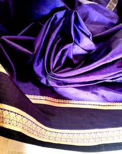 Fabric Raw Silk Roop Milan w Decorative Border India Blue 6 yds long X 45" wide - Picture 1 of 9