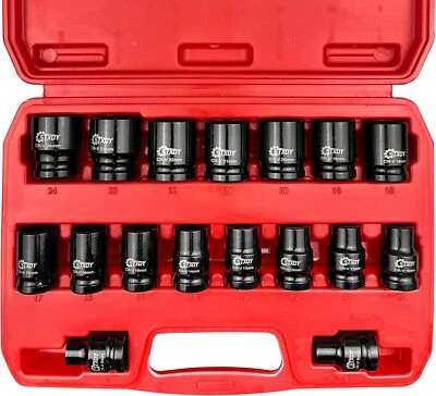 STXDY 17PCS 1/2” Drive Shallow Impact Socket Set,Metric,6-Point,Cr-V Steel,8-24M - Image 1 of 2