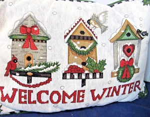 Holiday Christmas Welcome Winter Pillow 18" X 12" (Dark mark at top is shadow) - Picture 1 of 4