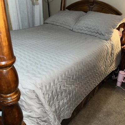 QUILTINA Queen Size Quilt Set Wave Design Farmhouse 灰色 — 第 1/4 张图片