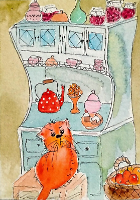 ACEO PRINT Of Watercolor Painting  2,5x3,5  Funny BIG CAT.cute.kitten.kitchen • 6.70$