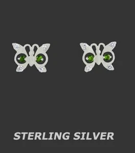 LAB PERIDOT & WHITE SAPPHIRES STUD EARRINGS .925 SILVER-SCREW BACK - Picture 1 of 4